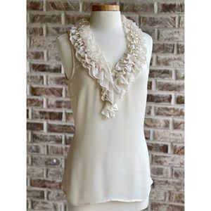 •NEW YORK & CO• Ivory Chiffon Ruffle Neck Sleeveless Blouse Size Medium